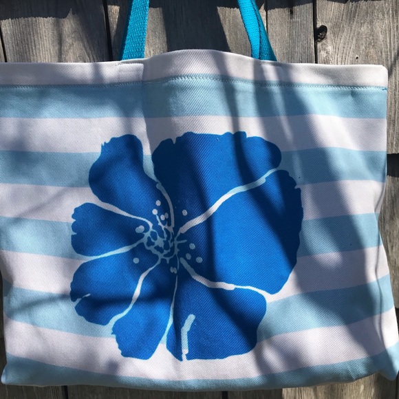 NWT- Bright Blue Flower Handprinted on Blue and White Stripe Tote Bag. - Picture 6 of 9